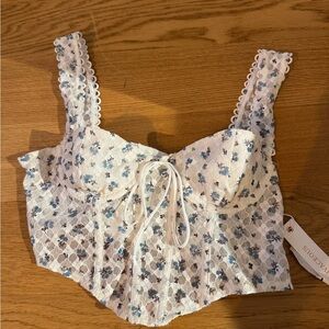 Olivaceous White and Blue Floral Lace Crop Top